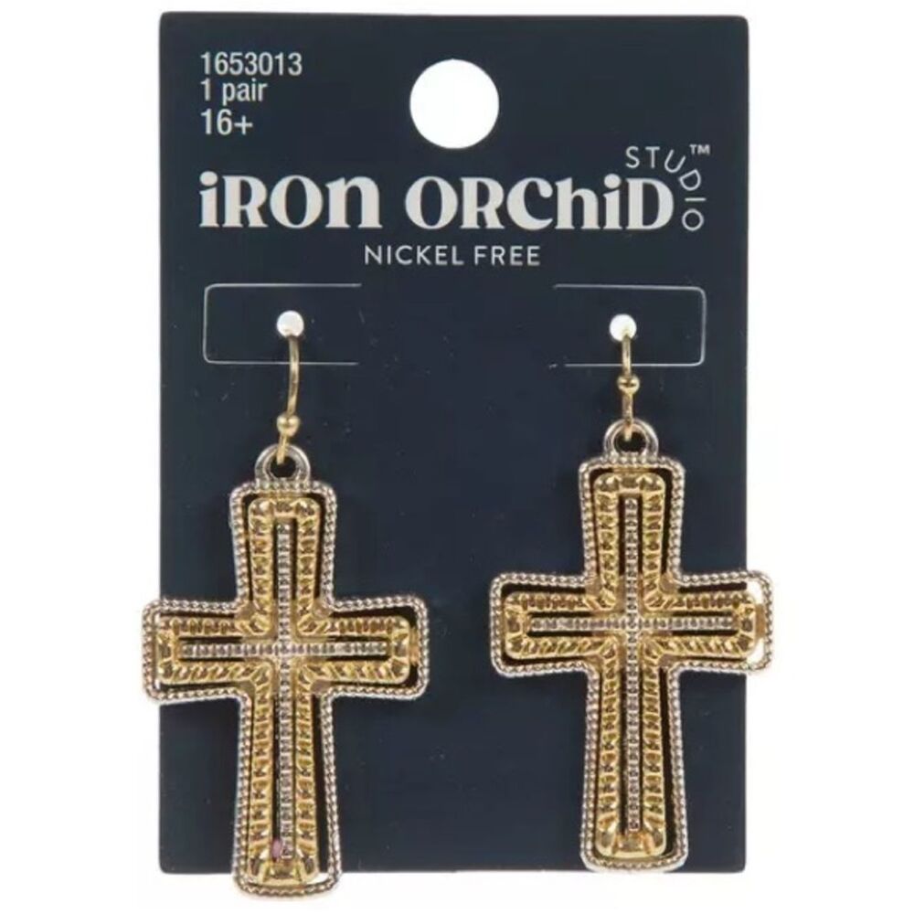 New iRON ORChiD Gold Cross Dangle Earrings